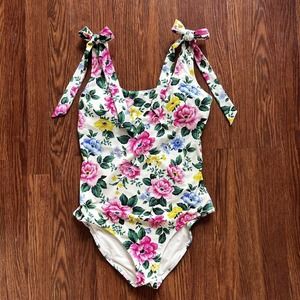 Aerie One Piece Swimsuit Size Medium Long White Floral Bow Strap Full Coverage